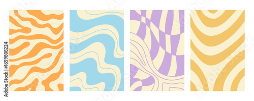 Distorted wavy retro patterns background set