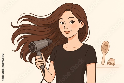 Woman holding a hair dryer with long flowing hair