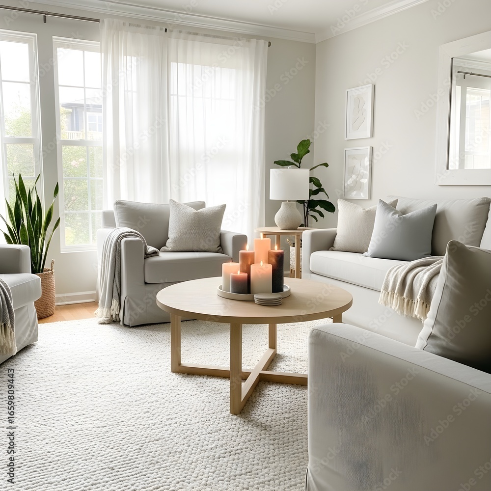 Fototapeta premium Cozy Living Room with Neutral Colors, Candles, and Comfortable Furniture Design