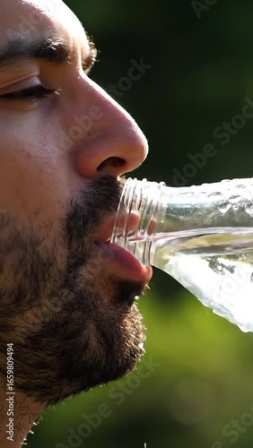 Man drinks water from a clear bottle, illuminated by sun with a nature bokeh background