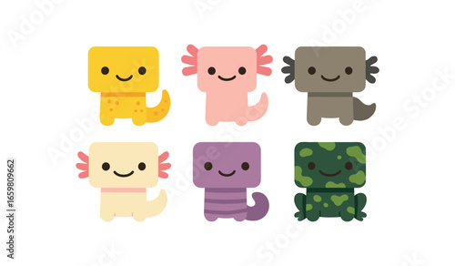 six flat vector of animals with perfectly heads and rounded corners minimal details flat colors child friendly style simple eyes and smiles like illustrations for kids books or flashcards: