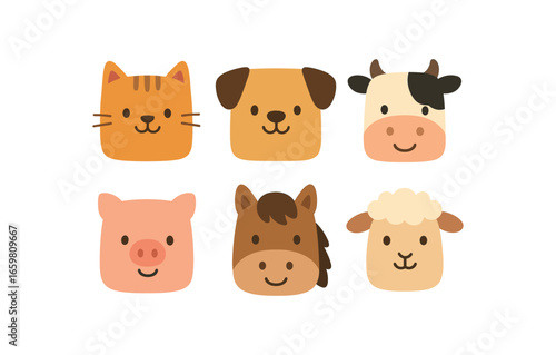 six flat vector of animals with perfectly heads and rounded corners minimal details flat colors child friendly style simple eyes and smiles like illustrations for kids books or flashcards:
