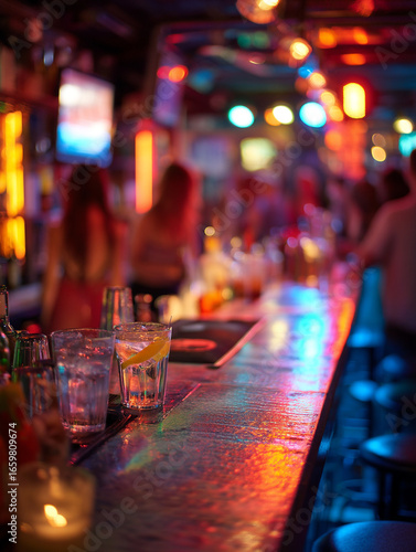 Lively nightlife at a vibrant bar featuring colorful lights and refreshing drinks