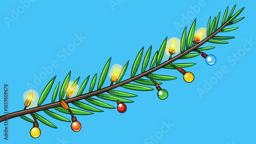 Pine branch with glowing festive lights in soft focus blue  background vector illustration.