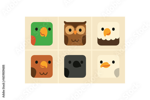 six flat vector of animals with perfectly heads and rounded corners minimal details flat colors child friendly style simple eyes and smiles like illustrations for kids books or flashcards: