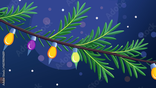 Pine branch with glowing festive lights in soft focus dark  decorative background vector illustration.