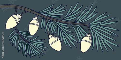 Pine branch with glowing festive lights in soft focus dark green  background vector illustration.
