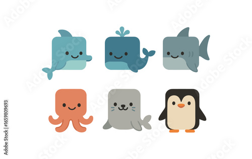 six flat vector of animals with perfectly heads and rounded corners minimal details flat colors child friendly style simple eyes and smiles like illustrations for kids books or flashcards: