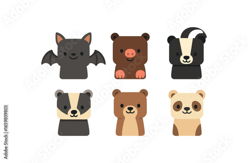 six flat vector of animals with perfectly heads and rounded corners minimal details flat colors child friendly style simple eyes and smiles like illustrations for kids books or flashcards: