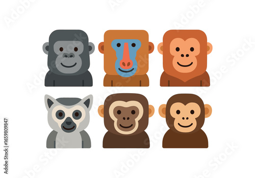 six flat vector of animals with perfectly heads and rounded corners minimal details flat colors child friendly style simple eyes and smiles like illustrations for kids books or flashcards: