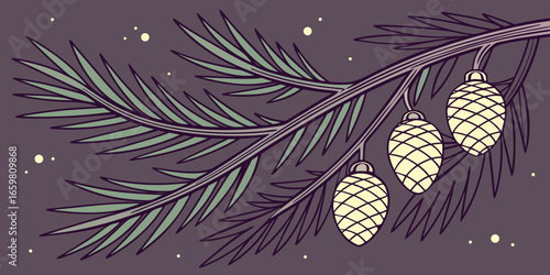 Pine branch with glowing festive lights in soft focus dark purple   background vector illustration.