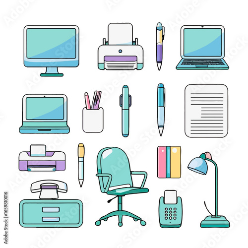 A diverse collection of modern office equipment and essential supplies, including computers, printers, and stationery.