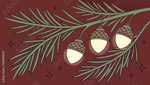 Pine branch with glowing festive lights in soft focus dark red background vector illustration.