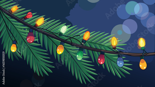 Pine branch with glowing festive lights in soft focus dark blue background vector illustration.