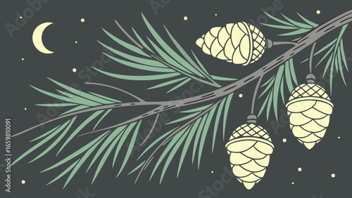 Pine branch with glowing festive lights in soft focus dark background vector illustration.
