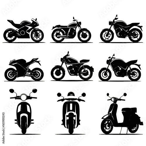 Collection of nine black silhouette motorcycle and scooter designs.