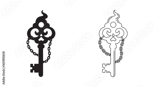 Antique key with chain and flame ornament with transparent background