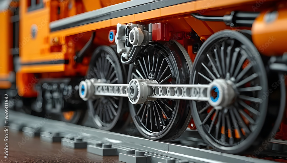 Fototapeta premium Close-up view of a colorful toy train model showcasing detailed wheels and mechanical components, perfect for enthusiasts and collectors.