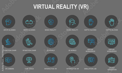Virtual Reality Outline Icon Set – AR/VR Glasses, Mixed Reality, Haptic Gloves, VR Motion Chair, 3D World, Virtual Workspace, Simulation Lab, Interactive VR