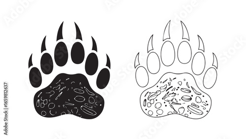 Bear paw print outline and solid color with transparent background