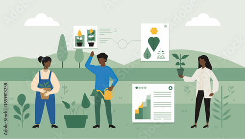 Diverse Team Collaborating on Plant Growth Analysis