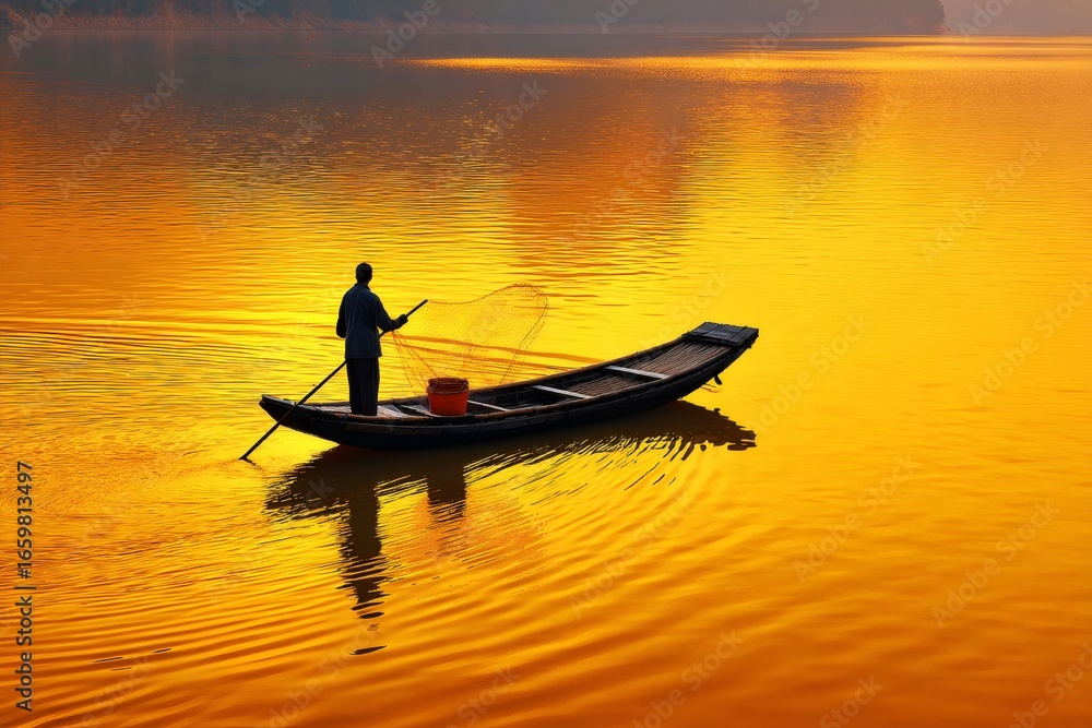 Naklejka premium Fisherman throwing fishing net from boat at sunset