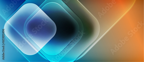 Abstract composition featuring layered squares, gradients. Blue transitions to orange hues create dynamic visual effect. Minimalist design.