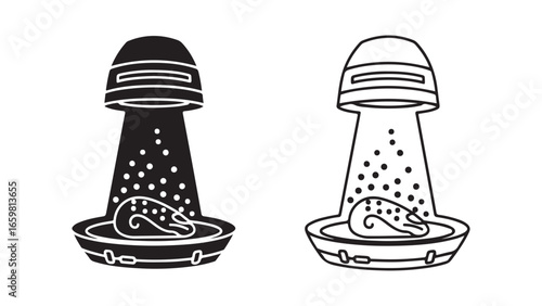 Bird feeder with seeds and bird, black and white