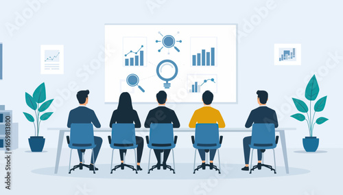 Business Team Reviewing Data Charts and Graphs Presentation