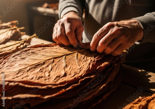 Wallpaper Mural Farmers hands carefully sorts a large dried tobacco leaf Torontodigital.ca