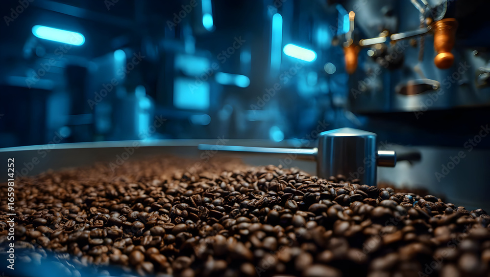 Fototapeta premium Close-up view of freshly roasted coffee beans in a modern facility, showcasing their rich color and texture under blue lights.