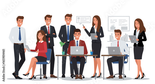 Vector illustration of a business team working together in an office. 
