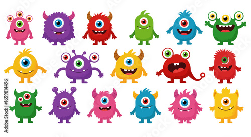 Vector illustration of cute colorful cartoon monsters in a row, each with different shapes, eyes, and expressions. Some monsters have one eye, multiple eyes, sharp teeth, big mouths, or funny hairstyl