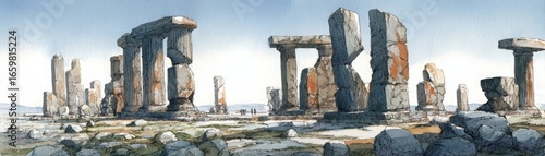 A serene landscape featuring ancient stone structures, suggesting historical significance and quiet contemplation.