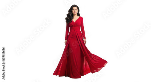 Elegant woman in flowing red gown on black background