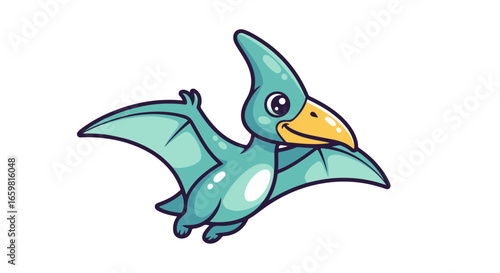 A cute baby Pteranodon sticker design, chibi cartoon style, 2D flat vector icon illustration of an adorable little. Kawaii style, character art, isolated on white background