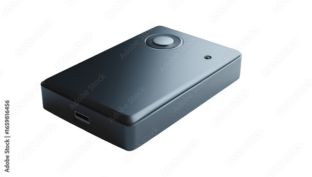 Fototapeta premium Sleek, rectangular gray device with a button, indicator light, & USB port