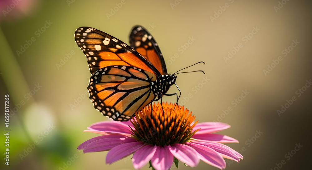 Fototapeta premium Butterfly Landing on Flower in Garden Summer Scene