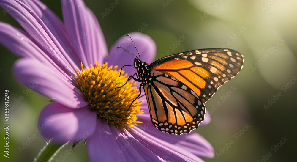 Naklejka premium Butterfly Resting on a Purple Flower Petal in Natural Light