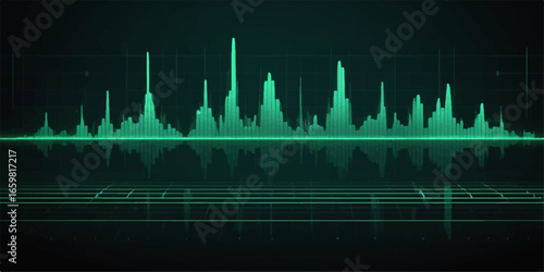 Urban sound wave equalizer graph showing an audio reflection in a blue cityscape at night