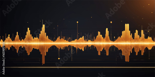 Vector illustration of a blue soundwave equalizer against a digital city backdrop