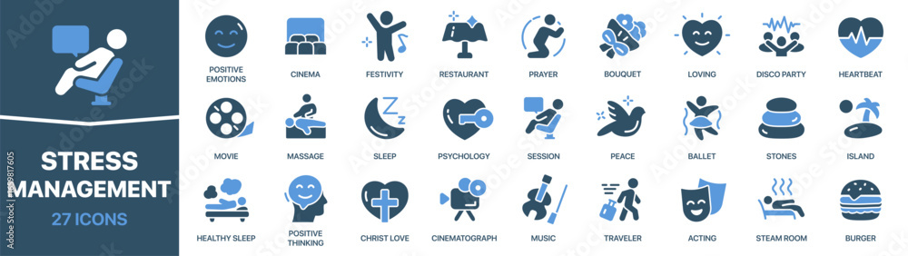 custom made wallpaper toronto digitalStress management fill icon collection. Set of relaxation, psychology, emotions, therapy, sleep, entertainment, and wellness lifestyle icons