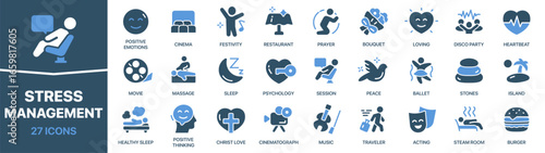 Stress management fill icon collection. Set of relaxation, psychology, emotions, therapy, sleep, entertainment, and wellness lifestyle icons