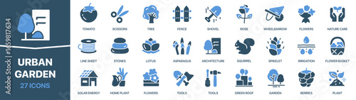Urban garden fill icon collection. Set of gardening tools, plants, vegetables, flowers, irrigation, eco care and cultivation icons