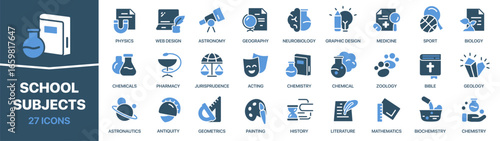 School and subjects fill icon collection. Set of physics, chemistry, biology, mathematics, history, geography, literature, sport, and medicine icons
