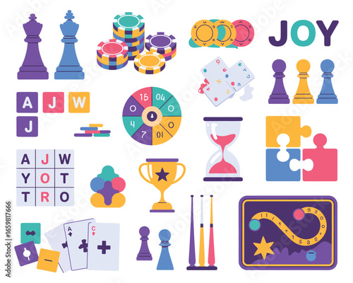 Collection of board games, card games, casino, and puzzle elements on a white background