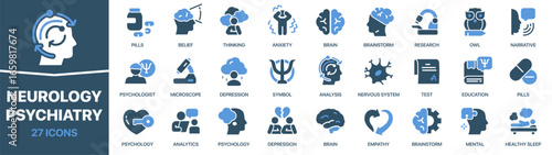 Neurology and psychiatry fill icon collection. Set of brain, psychology, depression, anxiety, research, pills, empathy, and mental health icons