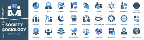 Society and sociology fill icon collection. Set of family, religion, culture, statistics, teamwork, collaboration, and human emotions icons