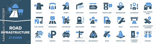 Road infrastructure fill icon collection. Set of highways, roads, bridges, parking, crosswalks, car services, fuel stations, and traffic signs icons