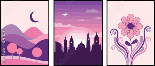 Three-panel illustration featuring stylized hills, cityscape, and blooming flower in pink-purple tones—modular vector for editorial design, UI transitions, and storytelling assets